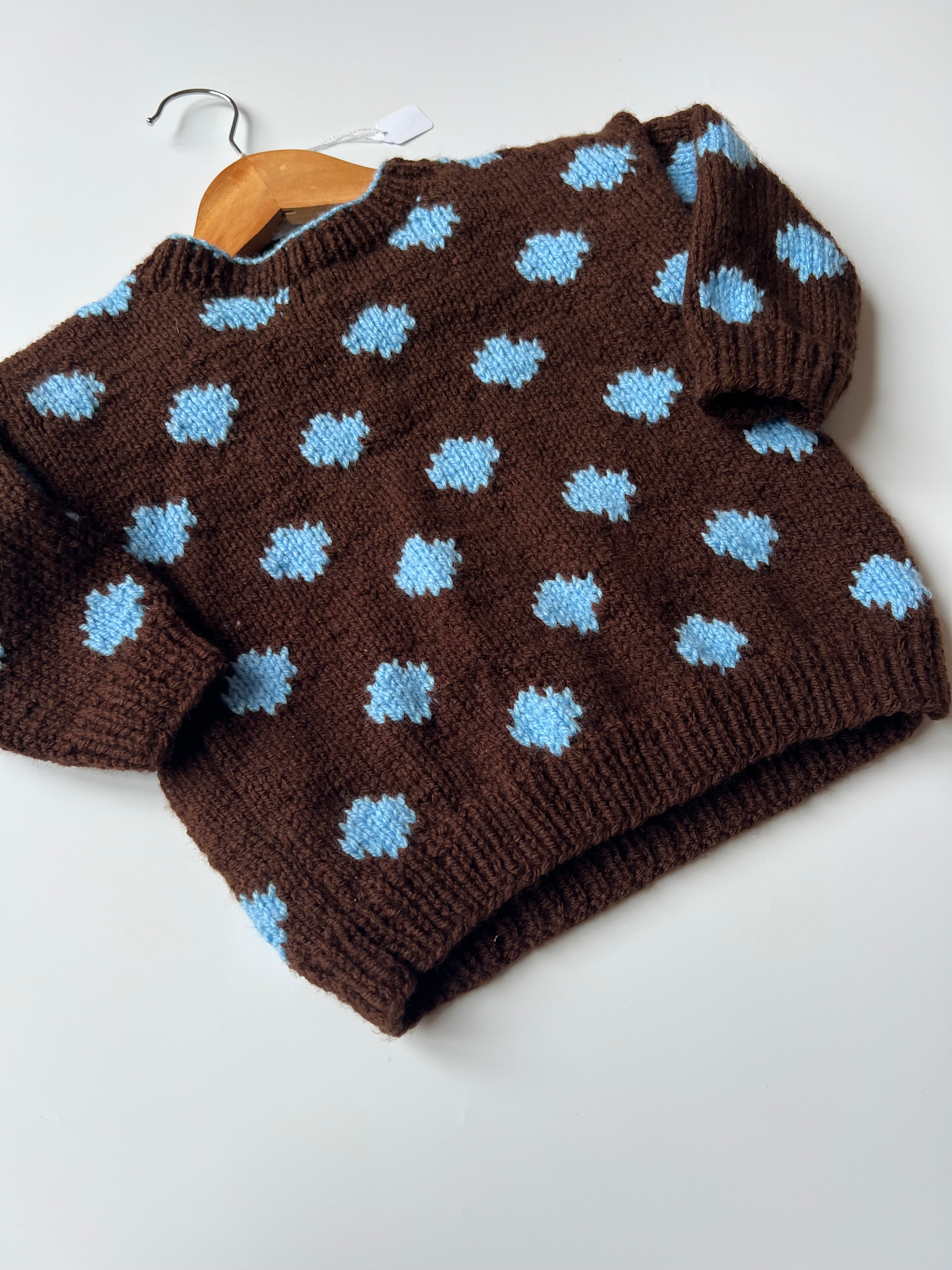 Hand Knitted Blue & Brown Spotted Jumper 3-4 Years