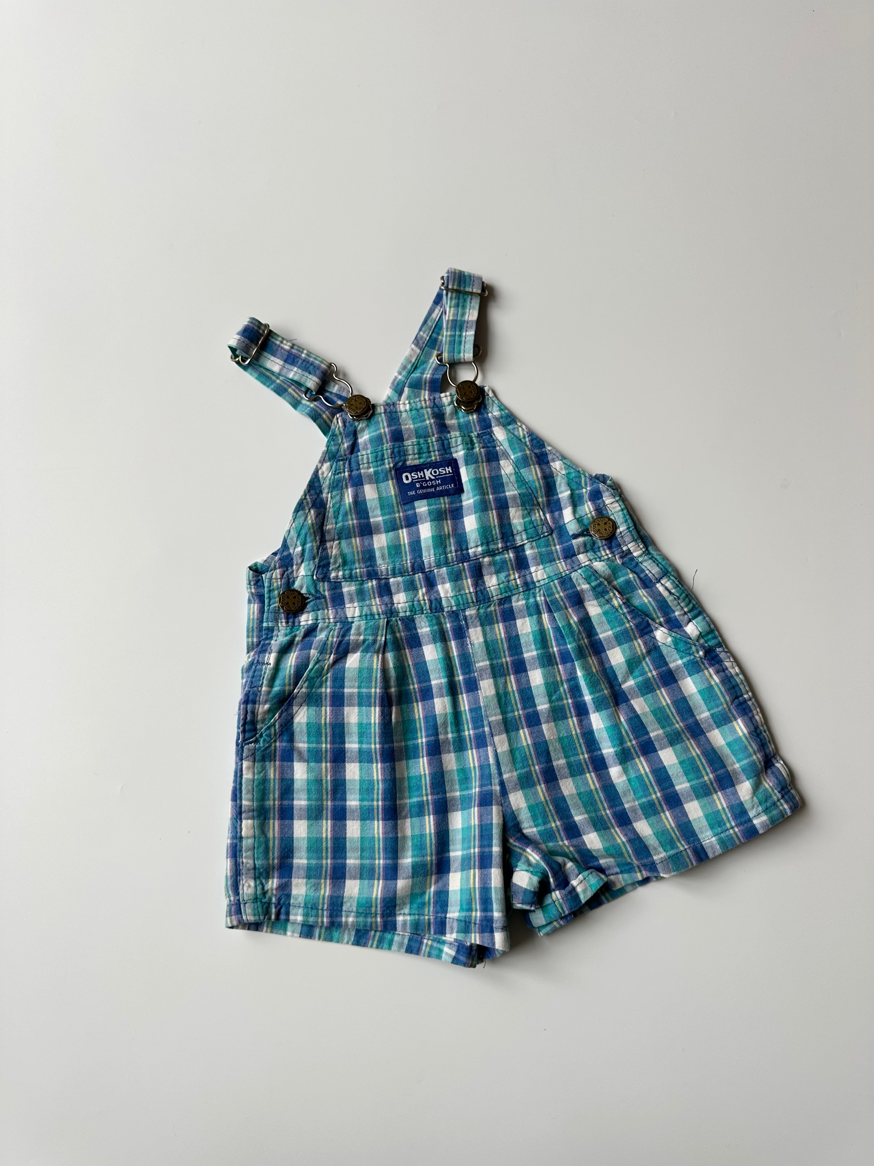 Vintage Kids OshKosh Blue Plaid Dungaree Shorts 18 Months