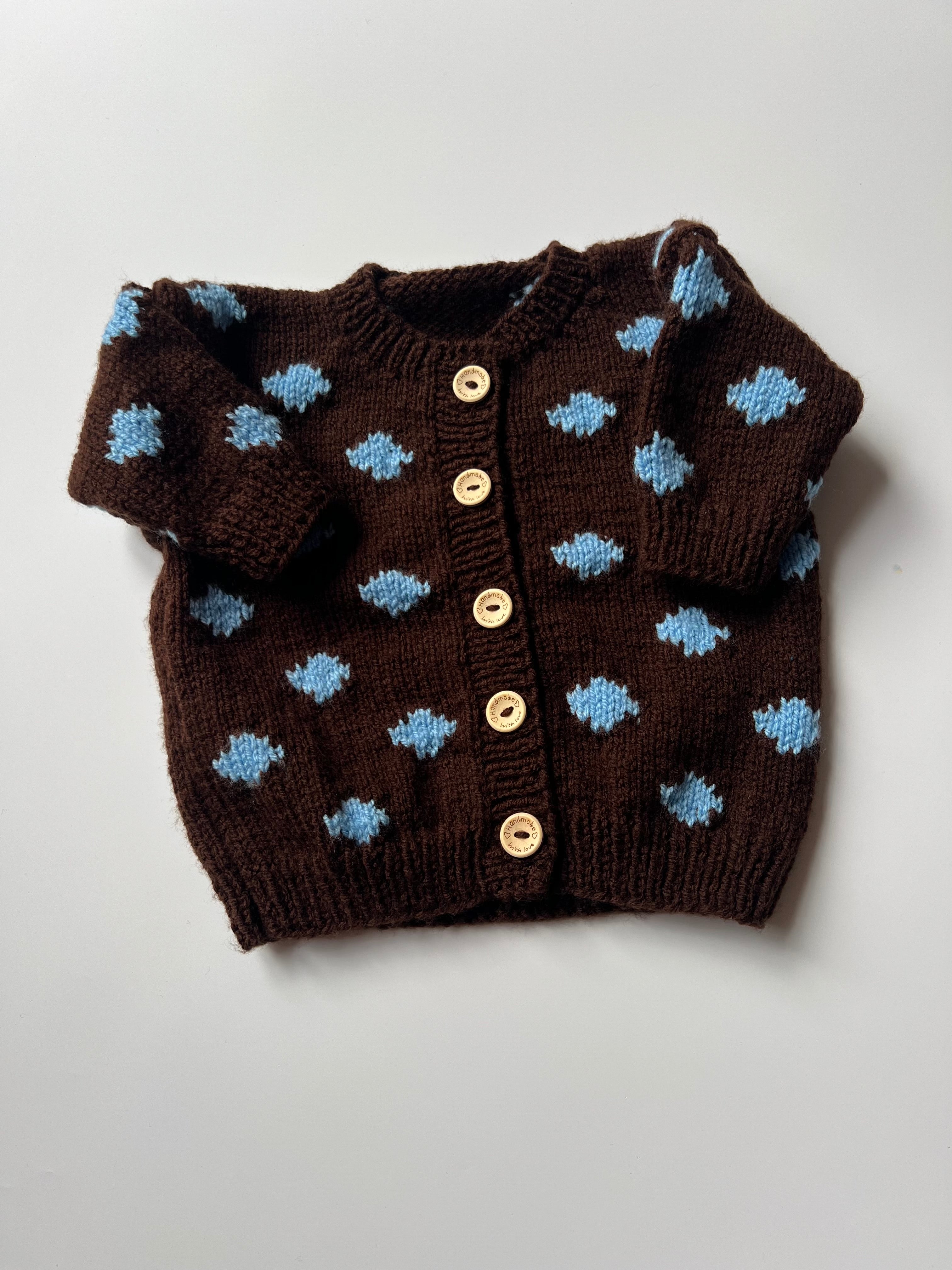 Hand Knitted Butter Yellow & Blue Polka Dot Cardigan 12-24 Months