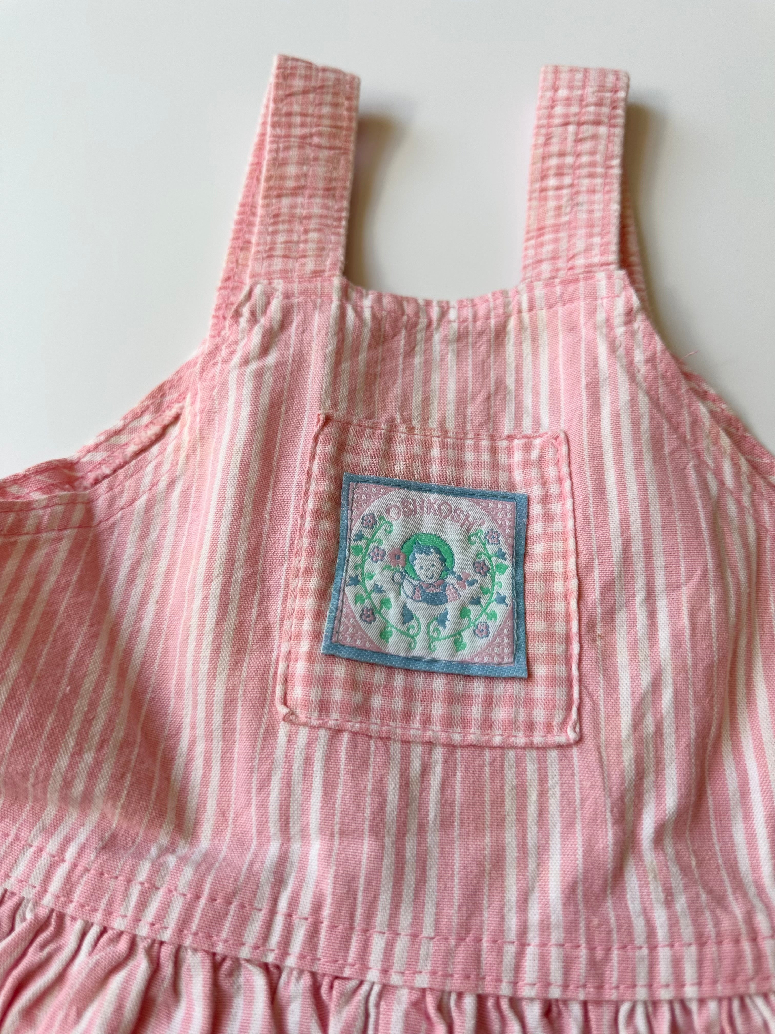 Vintage OshKosh Pink Stripe Dungaree Dress with Embroidered Patch 12-24 Months