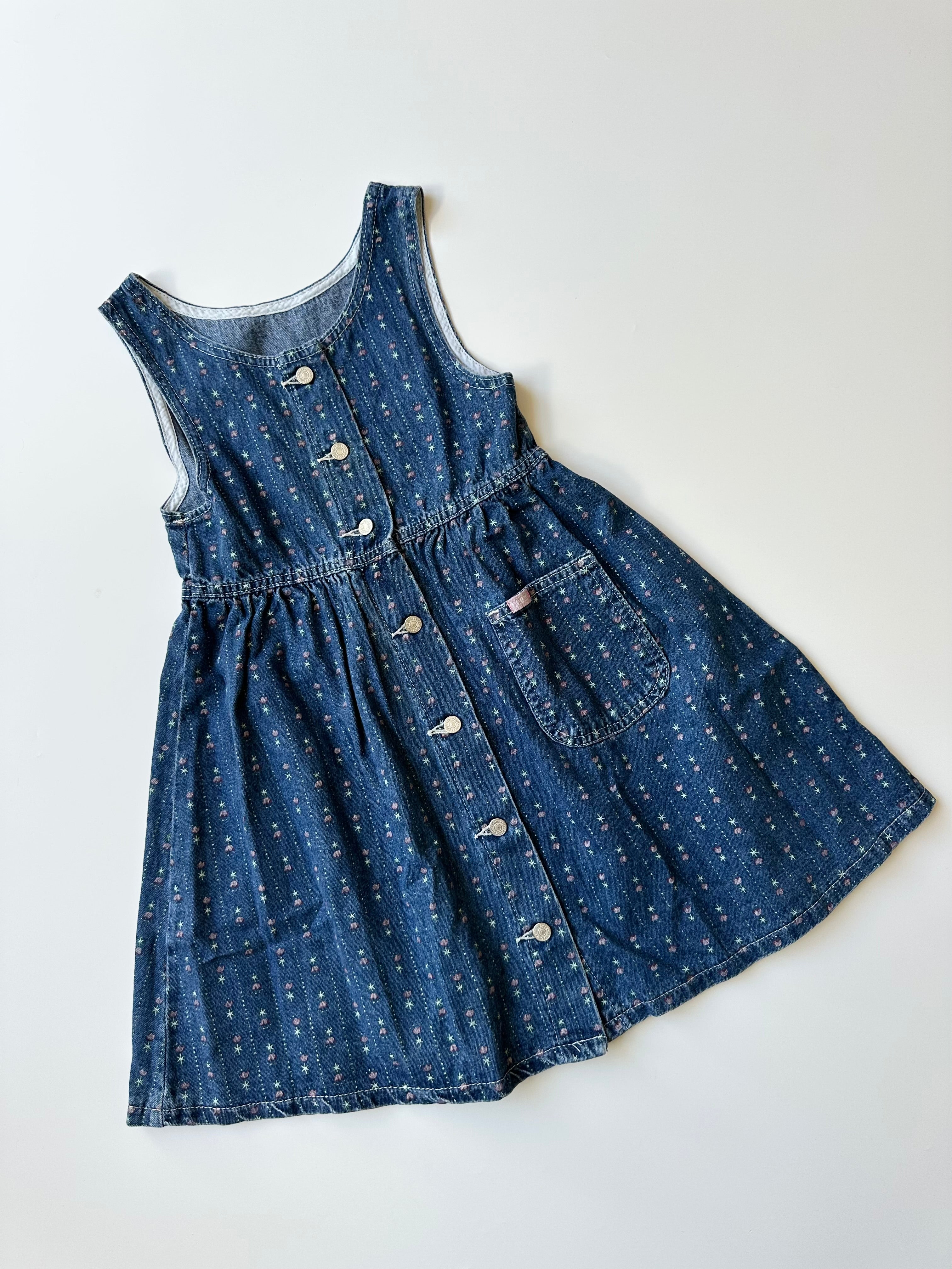 Vintage Lee Dungaree Dress with Floral Print 5-6 Years