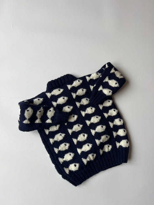 Hand Knitted Navy Fish Jumper 2-3 years
