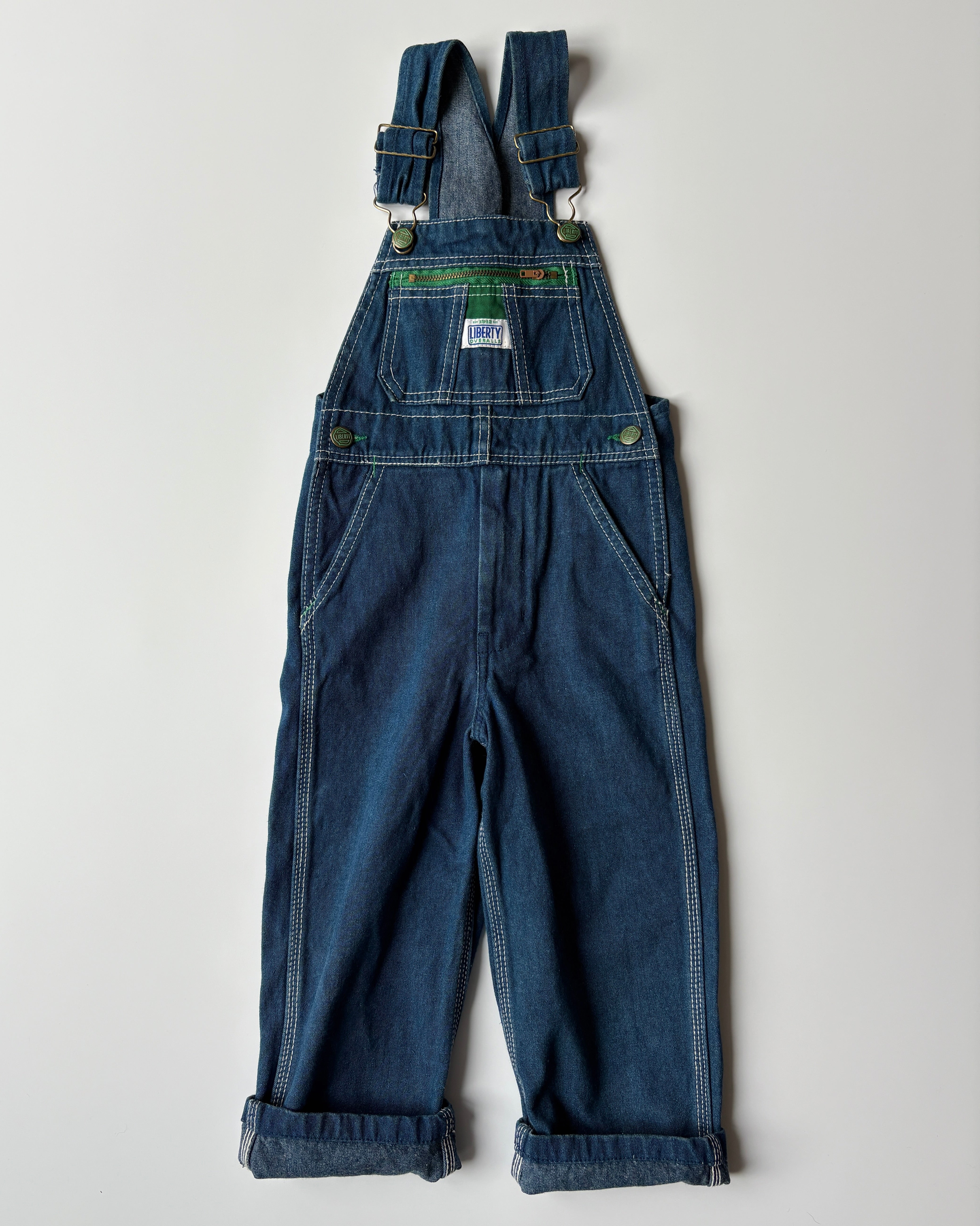 Vintage Liberty Overalls Denim Dungarees with Green Details 4-5 Years
